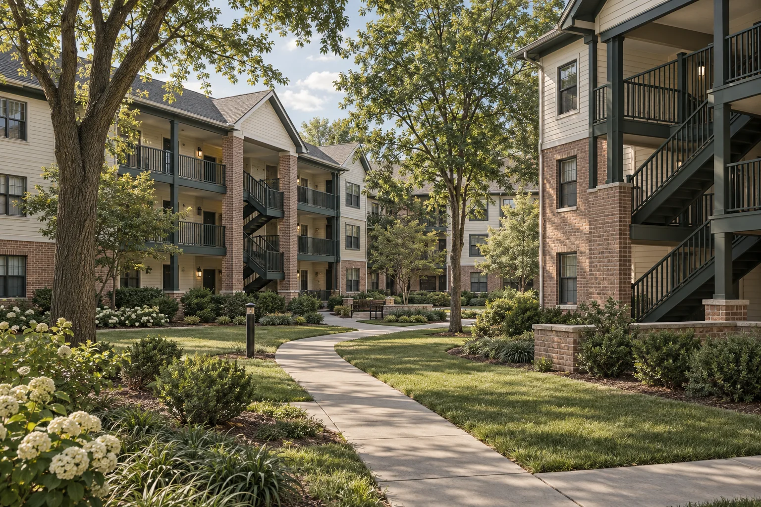 Illustrated apartment courtyard with exterior breezeways, stairs and shared walkways.